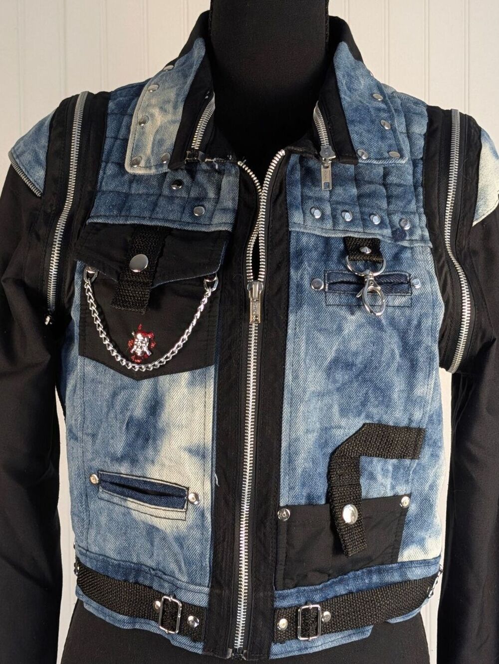 OOAK Upcycled Punk Goth Cropped Denim Jacket Detachable Zip Off Sleeves